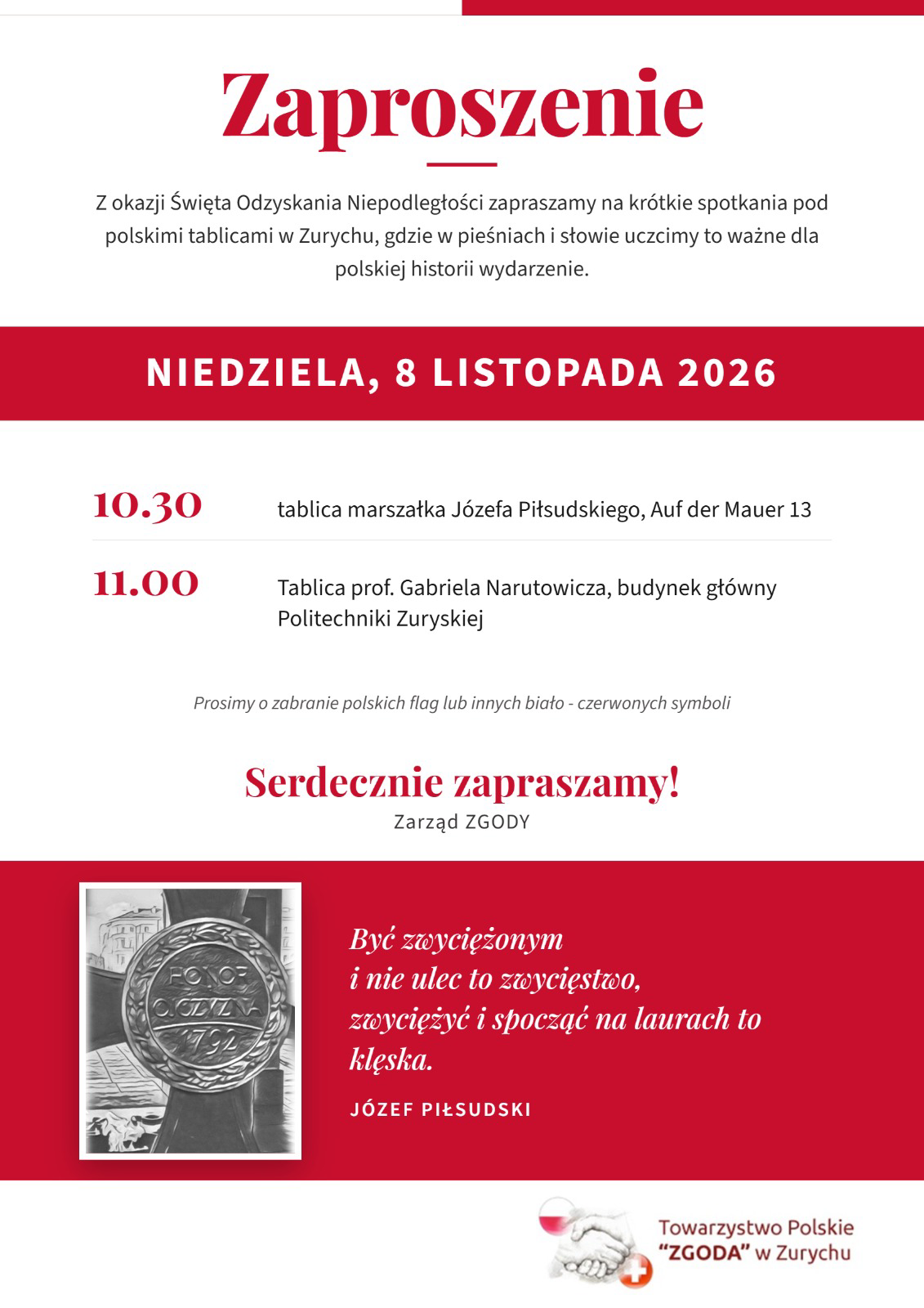 Oryginalne zaproszenie Zarządu ZGODY na obchody Święta Niepodległości 8 listopada 2026, z programem spotkań o 10:30 i 11:00