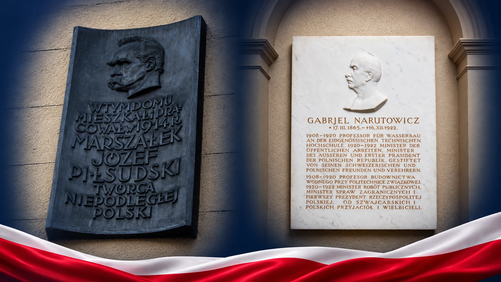 Fotomontaż autentycznych tablic Józefa Piłsudskiego przy Auf der Mauer 13 i Gabriela Narutowicza w ETH Zürich, z biało-czerwoną wstęgą
